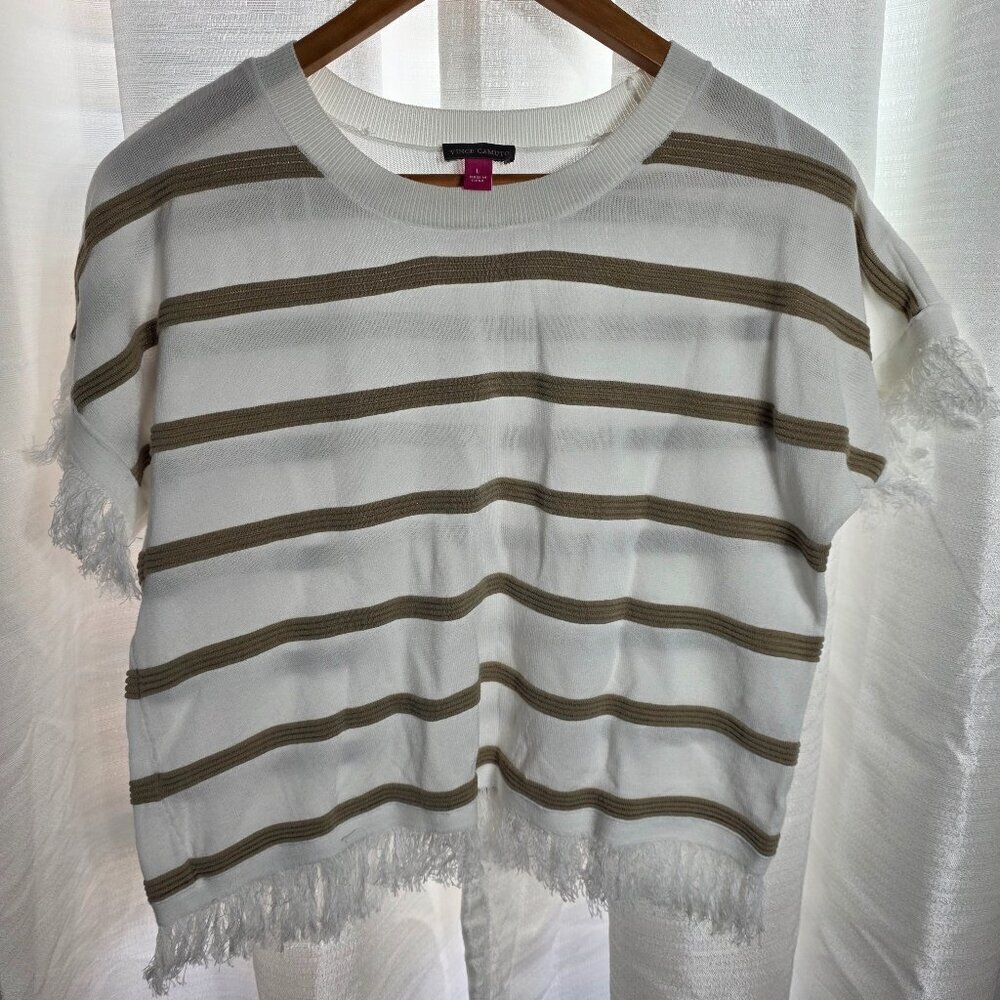 Vince Camuto Women's Textured Stripe Pullover Sweater Crop Top in White Large